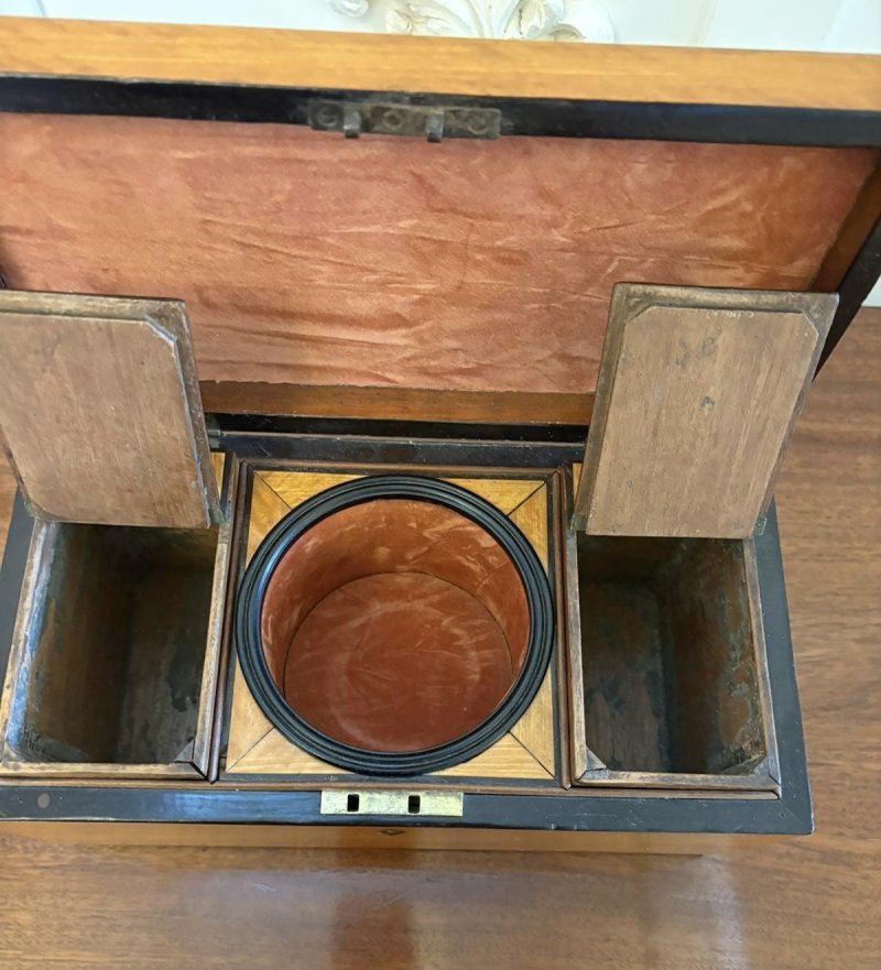 Antique Georgian Satinwood Tea Caddy Box with Original Glass Bowl and Mixing Stick - Image 5